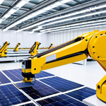 A high-tech, futuristic electric vehicle (EV) battery manufacturing "gigafactory" interior, featuring advanced robotic arms meticulously assembling battery cells in a pristine, brightly lit cleanroom environment. Visible through large windows are vast arrays of solar panels on the factory roof, symbolizing renewable energy sources. The scene conveys innovation, clean manufacturing, and sustainability. Professional photography, highly detailed, sharp focus, vibrant colors, futuristic aesthetic. safe for work, appropriate content, fully clothed, professional, family-friendly, perfect anatomy, correct proportions, natural pose, well-formed hands, proper finger count, natural body proportions.