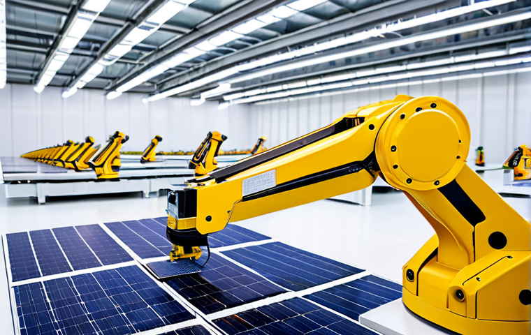 A high-tech, futuristic electric vehicle (EV) battery manufacturing "gigafactory" interior, featuring advanced robotic arms meticulously assembling battery cells in a pristine, brightly lit cleanroom environment. Visible through large windows are vast arrays of solar panels on the factory roof, symbolizing renewable energy sources. The scene conveys innovation, clean manufacturing, and sustainability. Professional photography, highly detailed, sharp focus, vibrant colors, futuristic aesthetic. safe for work, appropriate content, fully clothed, professional, family-friendly, perfect anatomy, correct proportions, natural pose, well-formed hands, proper finger count, natural body proportions.