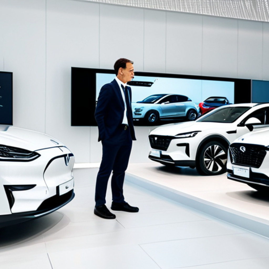 **
"Modern, minimalist electric car showroom. Several electric cars are displayed, showcasing their sleek designs. Interactive touch screen panels provide information. People are looking at the cars and talking with sales representatives. Focus on the clean, tech-forward environment. Safe for work, appropriate content, fully clothed, professional atmosphere, perfect anatomy, natural proportions, family-friendly."
**