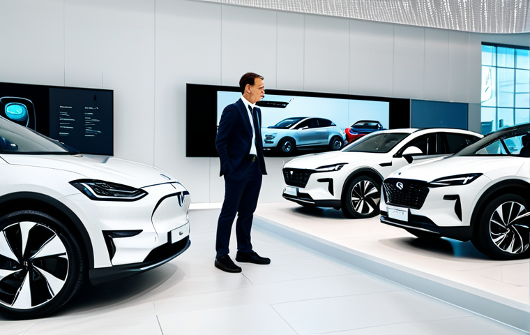 **
"Modern, minimalist electric car showroom. Several electric cars are displayed, showcasing their sleek designs. Interactive touch screen panels provide information. People are looking at the cars and talking with sales representatives. Focus on the clean, tech-forward environment. Safe for work, appropriate content, fully clothed, professional atmosphere, perfect anatomy, natural proportions, family-friendly."
**