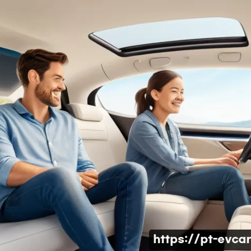 전기차 내부 공간 비교 승차감 및 적재 공간 - A bright, modern electric vehicle interior, designed like a comfortable lounge. The perspective is f...