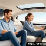Home 20 전기차 내부 공간 비교 승차감 및 적재 공간 - A bright, modern electric vehicle interior, designed like a comfortable lounge. The perspective is f...