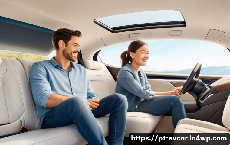 전기차 내부 공간 비교 승차감 및 적재 공간 - A bright, modern electric vehicle interior, designed like a comfortable lounge. The perspective is f...