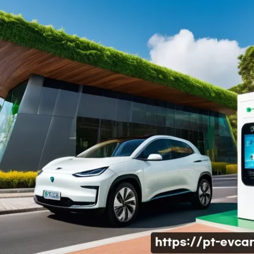 Home 30 전기차 구매 시기 비교 최적 타이밍 - A modern Brazilian urban scene showcasing a sleek electric car parked near a high-tech ultrafast cha...