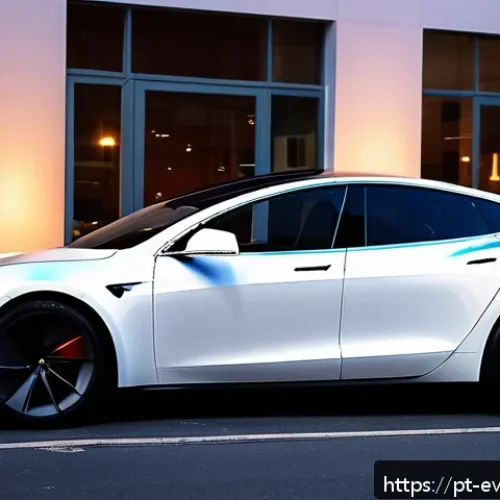 Home 29 전기차 브랜드별 이미지 비교 테슬라 vs 니산 - A sleek, futuristic Tesla electric car parked on a clean urban street at dusk, featuring a minimalis...