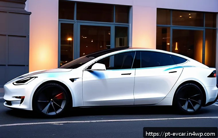 전기차 브랜드별 이미지 비교 테슬라 vs 니산 - A sleek, futuristic Tesla electric car parked on a clean urban street at dusk, featuring a minimalis...
