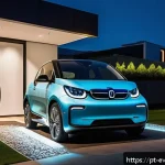 Home 16 전기차 배터리 충전 주기 비교 최적 시간대 - A modern Portuguese suburban home at night with a sleek electric car parked in the driveway connecte...