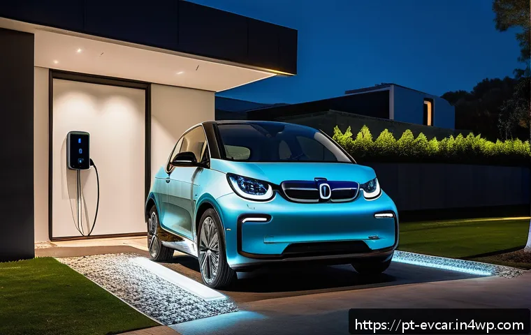 전기차 배터리 충전 주기 비교  최적 시간대 - A modern Portuguese suburban home at night with a sleek electric car parked in the driveway connecte...
