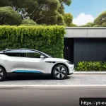Home 21 전기차 전용 보험 비교 보험료 차이 - A modern Brazilian urban street scene featuring a sleek electric car parked in a covered condominium...