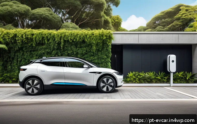 전기차 전용 보험 비교  보험료 차이 - A modern Brazilian urban street scene featuring a sleek electric car parked in a covered condominium...