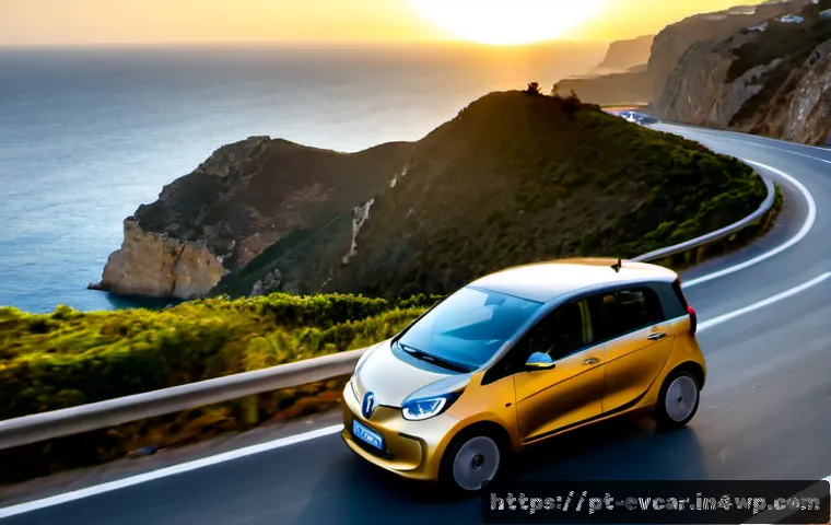 Home 17 전기차 소음 비교 조용한 드라이빙 - Photorealistic electric compact car gliding quietly along a scenic coastal road in Portugal at sunri...