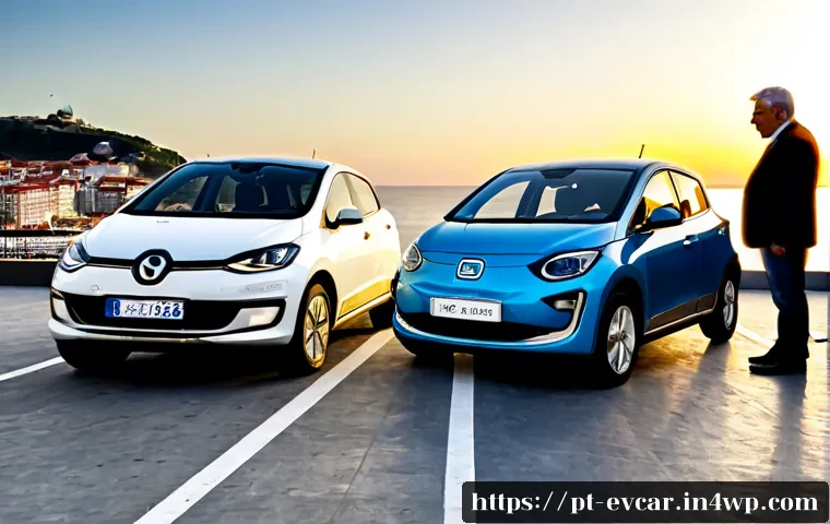 Home 17 전기차 리세일 가치 비교 어느 모델이 더 잘 팔리나 - Photorealistic electric vehicle resale comparison scene in Portugal, two unbranded compact electric ...